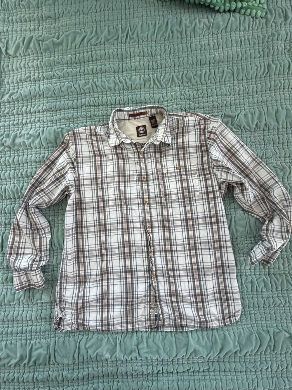 Timberland Men's White Plaid Button-Down Shirt with Brown Stripes-XL